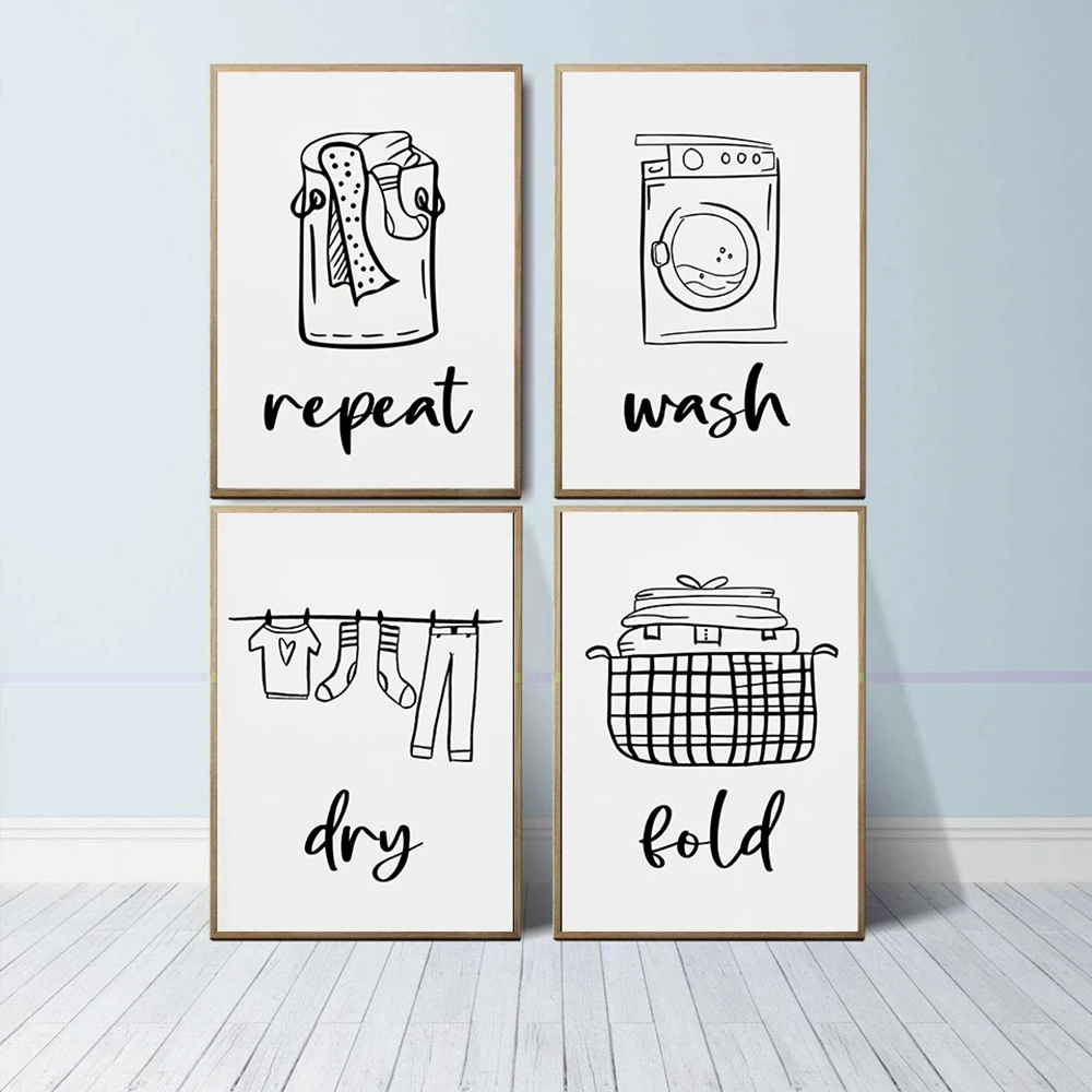 Laundry Sign Wash Dry Fold Repeat Black White Wall Art Print Canvas Painting Nordic Poster And Print Wall Pictures Utility Room