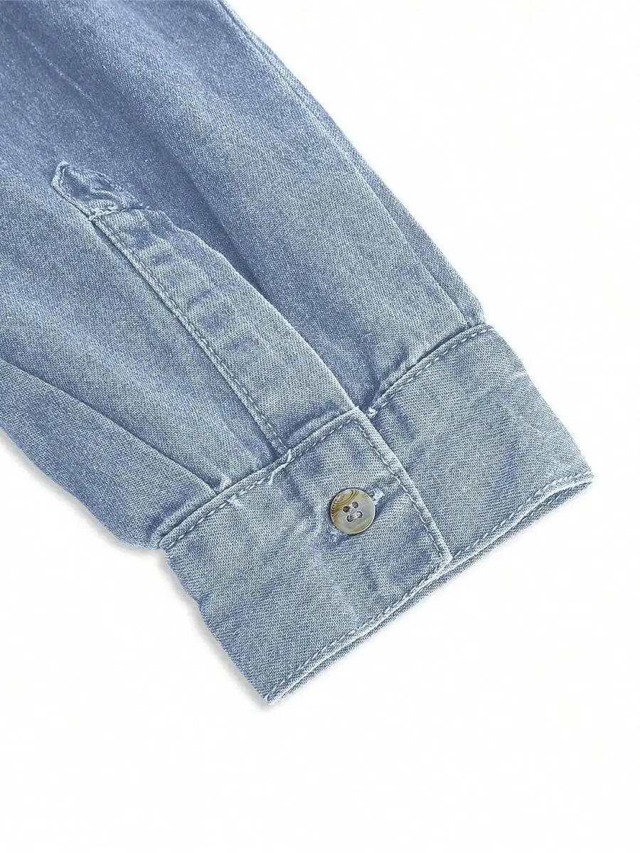 

Womens Button-Down Denim Shirt Casual Long Sleeve Chambray Shacket With Collar And Pockets Boyfriend Style
