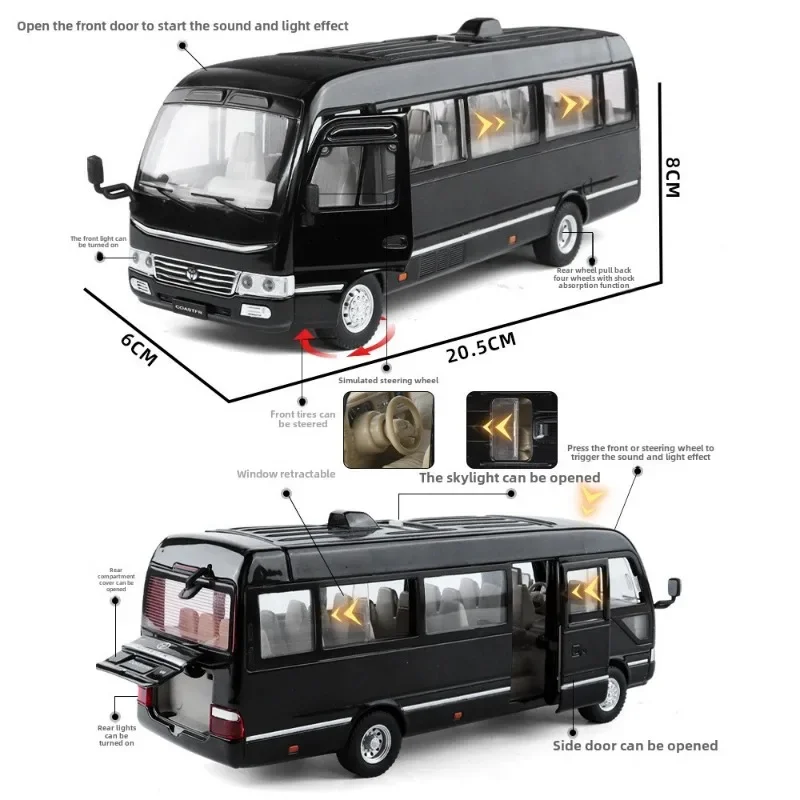 Toyota Coaster Bus Alloy Model Sound and Light Simulation 1:24 Pull Back Toy Car Collection Miniature Voiture Children Boy gift