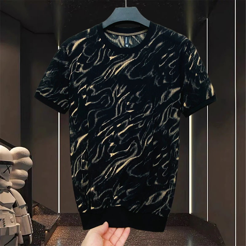 Jacquard Breathable Trendy T Shirt For Men Short Sleeved Slim Fit Summer Quality Polyamide Elastane Stretchy Camisetas De Hombre
