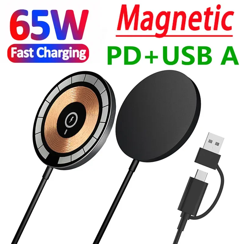 65W Magnetic Wireless Charger Pad USB + Type C Macsafe For iPhone 15 14 13 12 Pro Max Transparent Fast Charging Dock Station