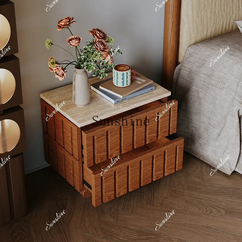 Wabi Sandy Wind Solid Wood Bedside Table Small Apartment Living Room Bedroom Natural Travertine Storage Simple   TF