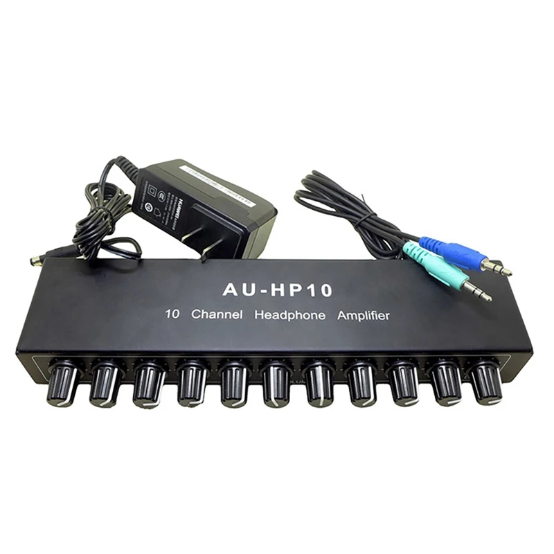 AU-HP10 10 Channel Headphone Headset Amplifier Audio Splitter DC 12-24V 20Hz-20Khz 12DB 16-600Ohm 3.5Mm Jack US PLUG