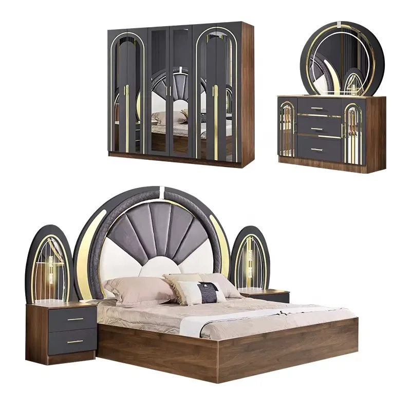 Turkish Style Luxury Queen Bed Set Wooden Frame Modern Master Bedroom Furniture Full Suite Elegant Design