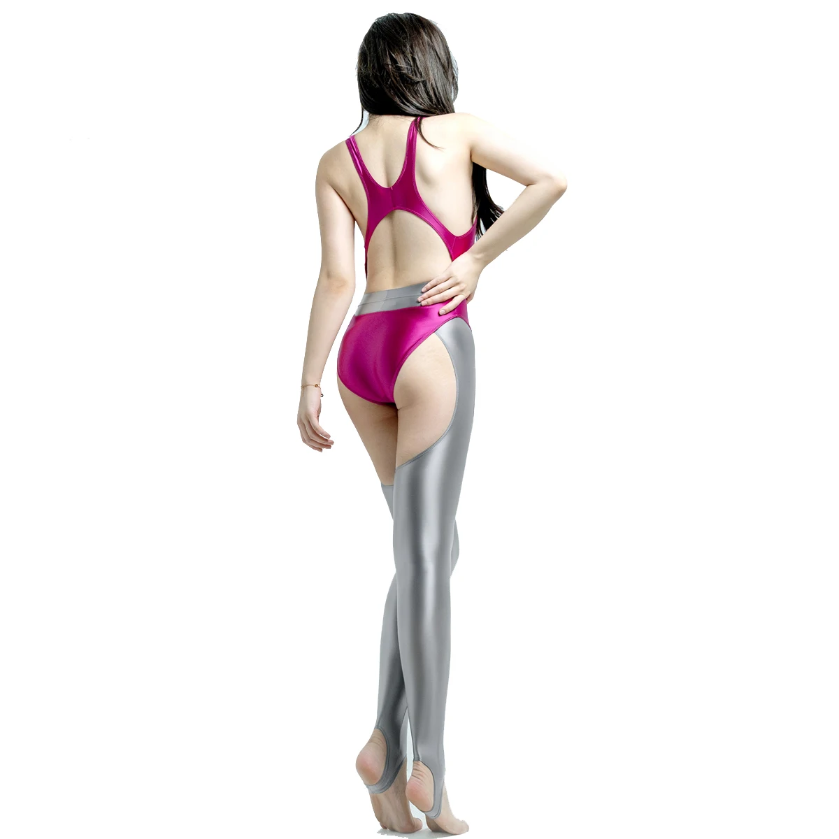 MJINM Women Glossy Satin Elastic Front Back Hollowout Gymnastic Bodybuilding High Waist Leggings Yoga Sport Pedal Pants Clubwear