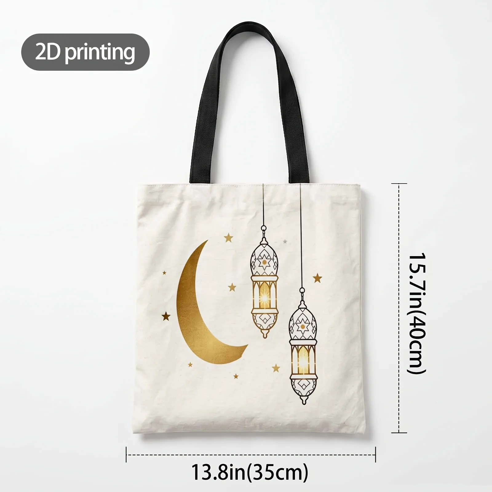 2D Printed Handbag with Moon And Lanterns Shine Bright Pattern, Reusable Fashion Shoulder Bag Shopping Tote Bag Suitable for Sho