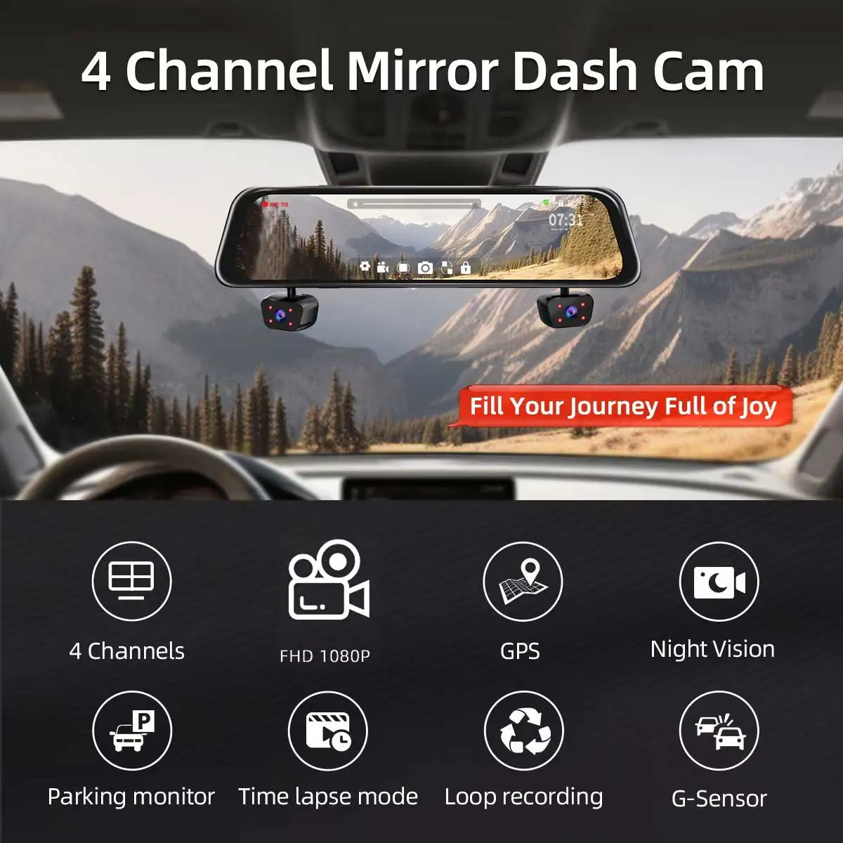 12 Inch 4 Camera Car DVR 1080P FHD With GPS IPS Screen Stream Rear View Dash Cam Mirror Night Vision Car Camera Drive Recorder