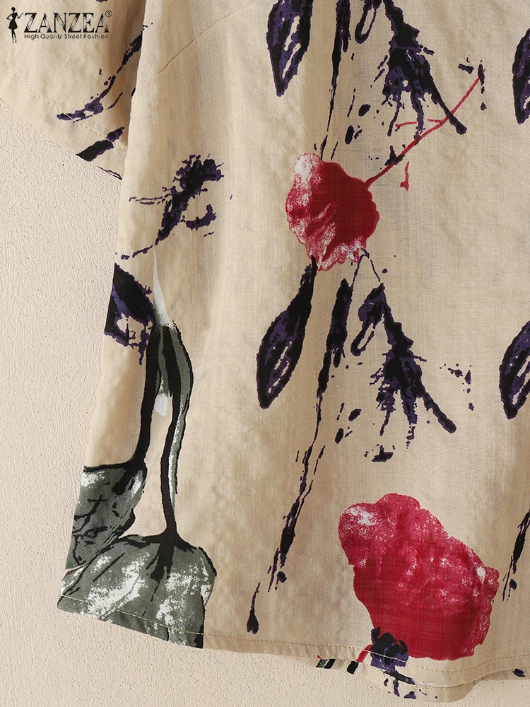 ZANZEA Koszulki z mieszanki bawełny w stylu vintage z kwiatowym nadrukiem 2025 Letnie bluzki z półrękawkiem i dekoltem w kształcie litery O na co dzień Lekkie koszulki