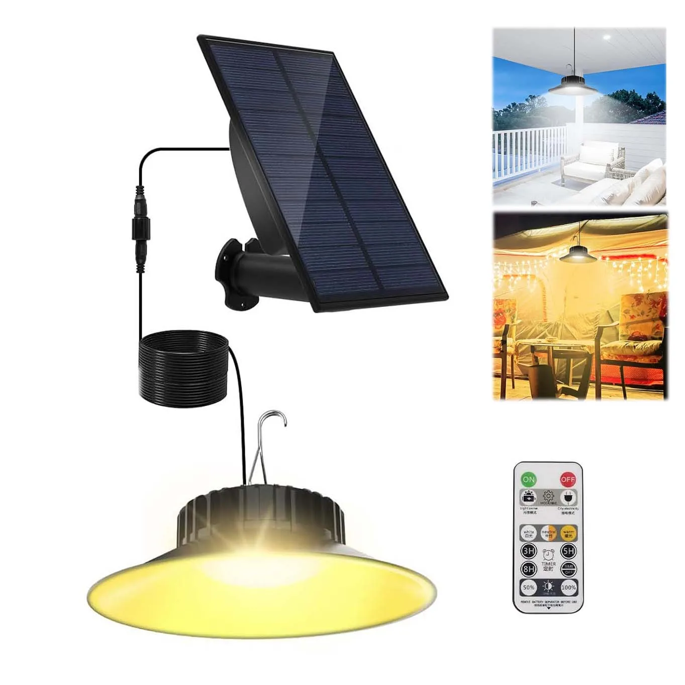 Solar Hanging Light 3 Colors Outdoor Garden Shed Light for Indoor Countyard Garage IP65 House Pandent Lamp with Remote Control