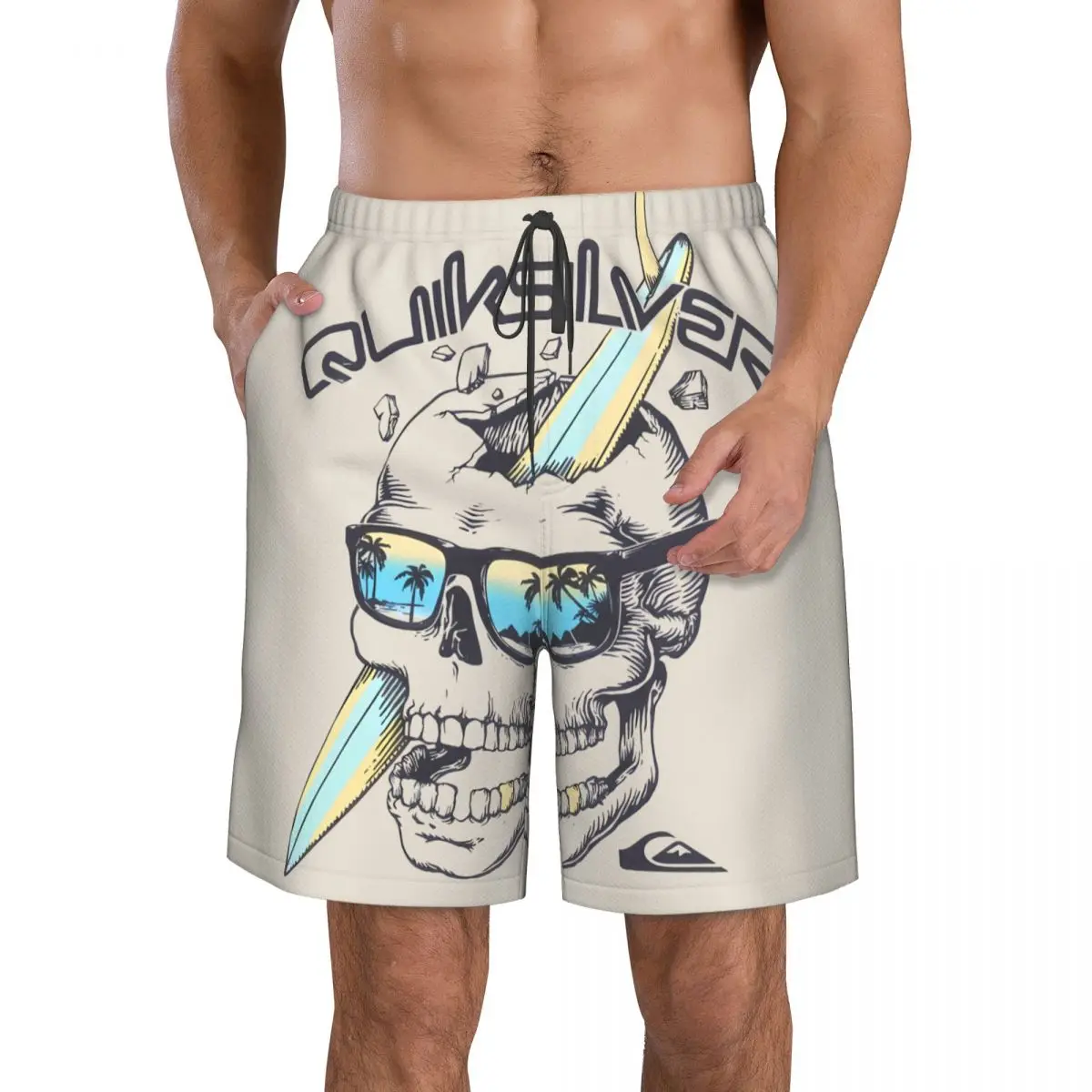 Quiksilve SKULL-Shorts de praia para homens estampados, adequados para caminhada, corrida, surf, desgaste na praia ou em casa