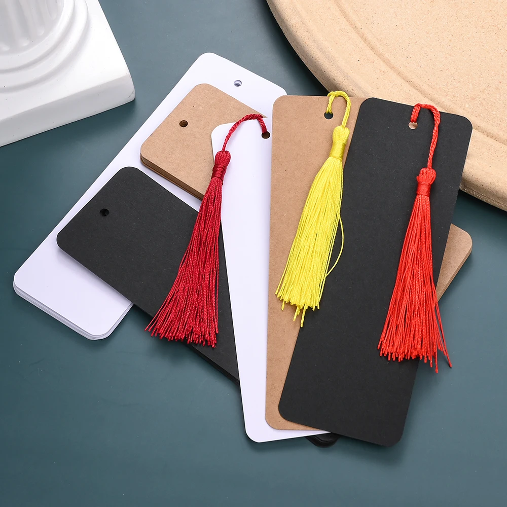 120 Stück Kraftpapier-Lesezeichen in Weiß und Schwarz, inklusive 60 bunten Quasten und 60 leeren Papier-Lesezeichen für DIY-Bastelarbeiten – Detail 3