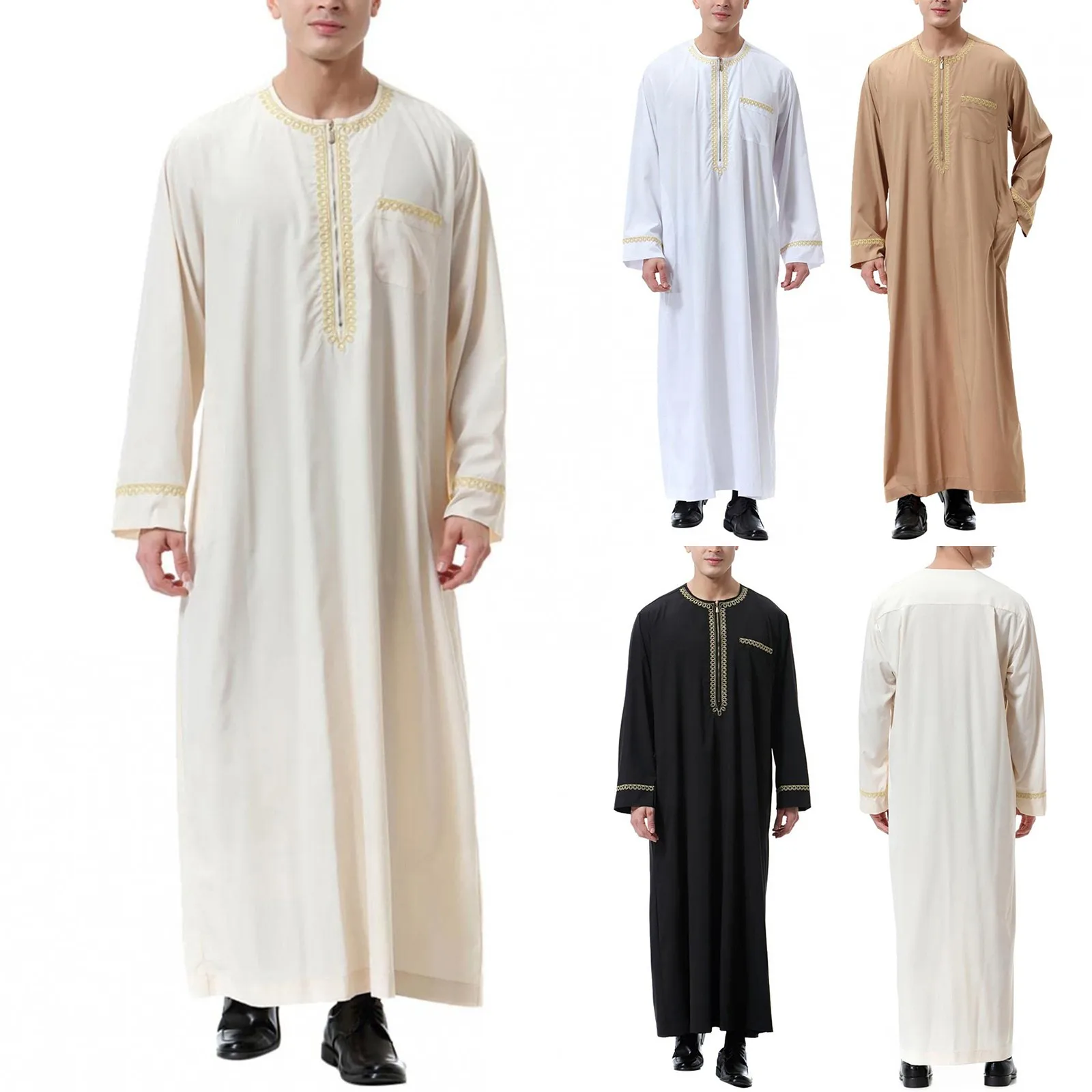 Moda musulmana Uomo Jubba Thobes Arabo Pakistan Dubai Caftano Abaya Vestaglie Abbigliamento islamico Arabia Saudita Abito camicetta lunga nera