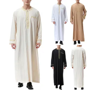Moda muçulmana masculina jubba thobes árabe paquistão dubai kaftan abaya robes roupas islâmicas arábia saudita preto longo blusa vestido 8 principais vendas roupa masculina de dubai - №3