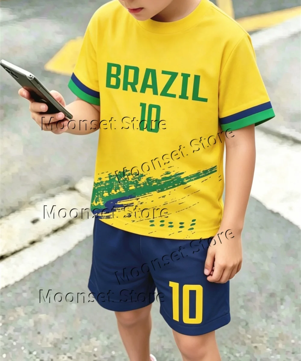 Sommer Kinder Brasilien 10 Fußball-Set Jungen Kurzarm Fußball-Trainingsanzug Schnell Trocknendes Sport-T-Shirt Shorts Trikot-Outfit