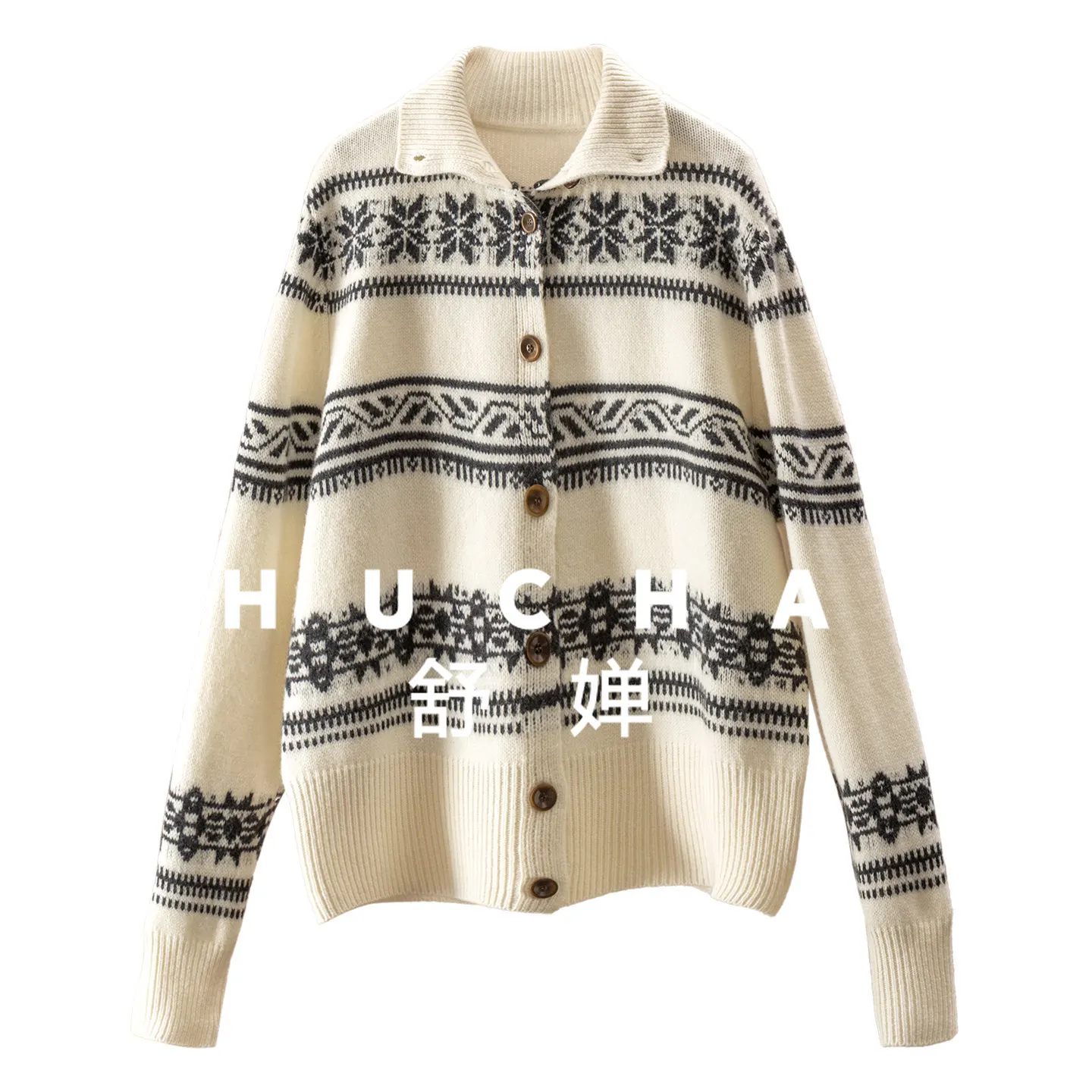 

Snowflake Fair Island Vintage 100 Wool Jacquard Turtleneck Sweater Cardigan Women 87F2 Long Sleeve Top