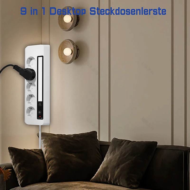 EU Table Corner Socket Multiple Socket with LED Light Power Strip 5 Way Outlets Socket With 2USB 2Type-C Outlets 1.5M Cables