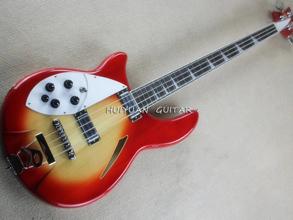 4 Strings Left Hand Cherry Red Semi-hollow Electric Bass with Rosewood Fretboard,Providing Customized Service