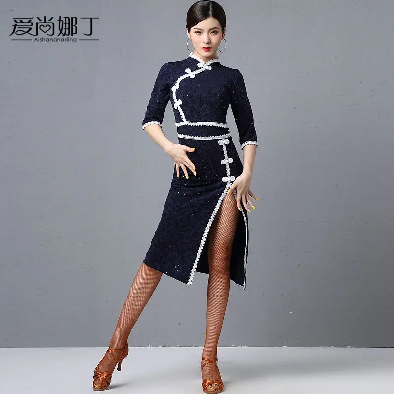 Chinese Style Cheongsam Latin Dance Performance Costume Set New Woman Modern Waltz Dance Dress Ballroom Dance Skirt