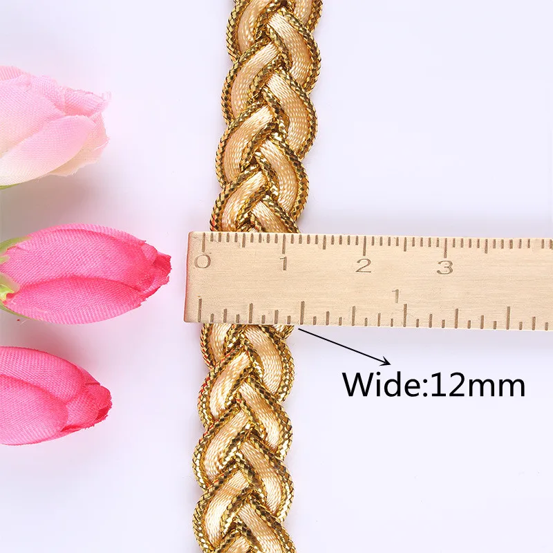 5Yards/Roll Classic Gold Line Braided Lace Sewing Polyester DIY Supplies Wedding Decorate Lace Fabric Clothing Accessories 12mm