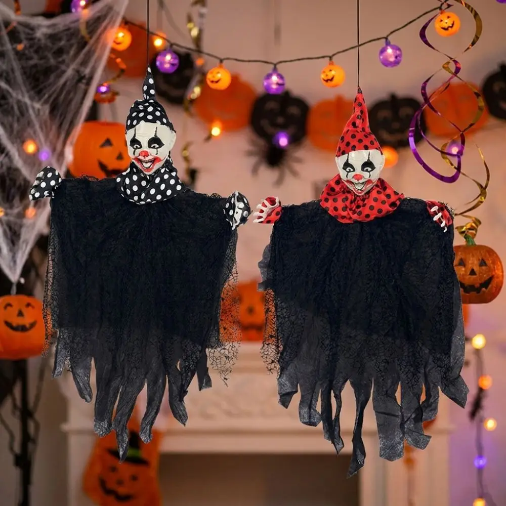 Tattered Ripped Gauze Skirt Polka Dot Clown Hanging Ghost with Pointed Hat Hand Painted Haunted House Spooky Scene Prop