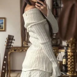 Elegant White Off The Shoulder Sweater For Women Sexy Design Knitted Long Sleeve Top Comfy Sweaters