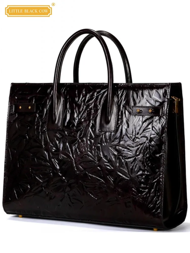

Business Men Work Briefcase Vintage Embossed Cowhide Genuine Leather Totes Handbag Handmade High Quality Office Man Formal Bag