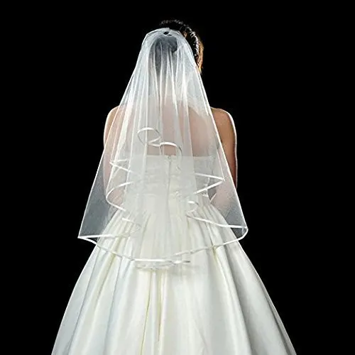 Double Ribbon Edge Veil com pente, Center Cascade, Branco, casamento nupcial