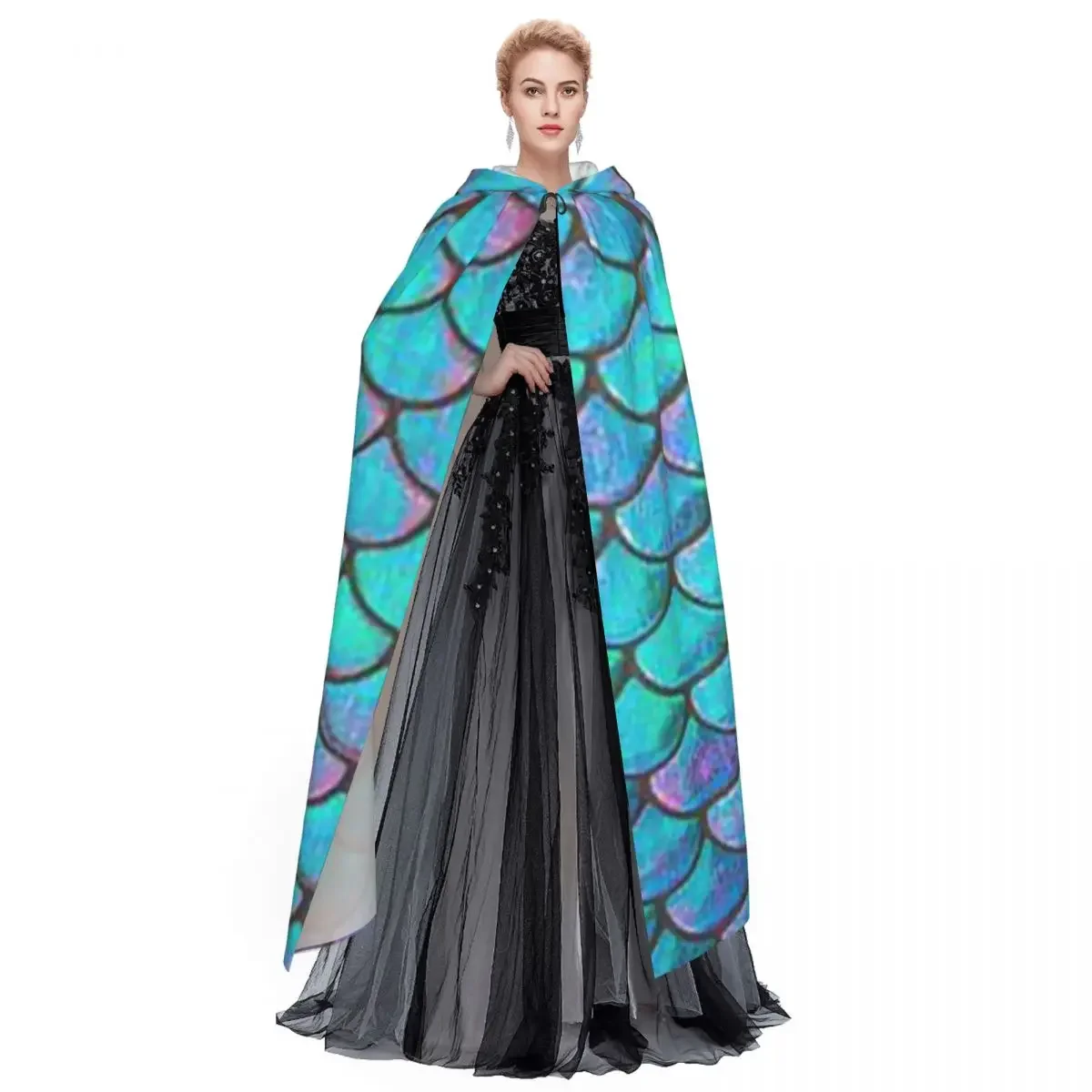 Custom Mermaid Fish Scale Long Hooded Cloak Witch Medieval Costume Cosplay Cape HalloweenCoat Adult Unisex
