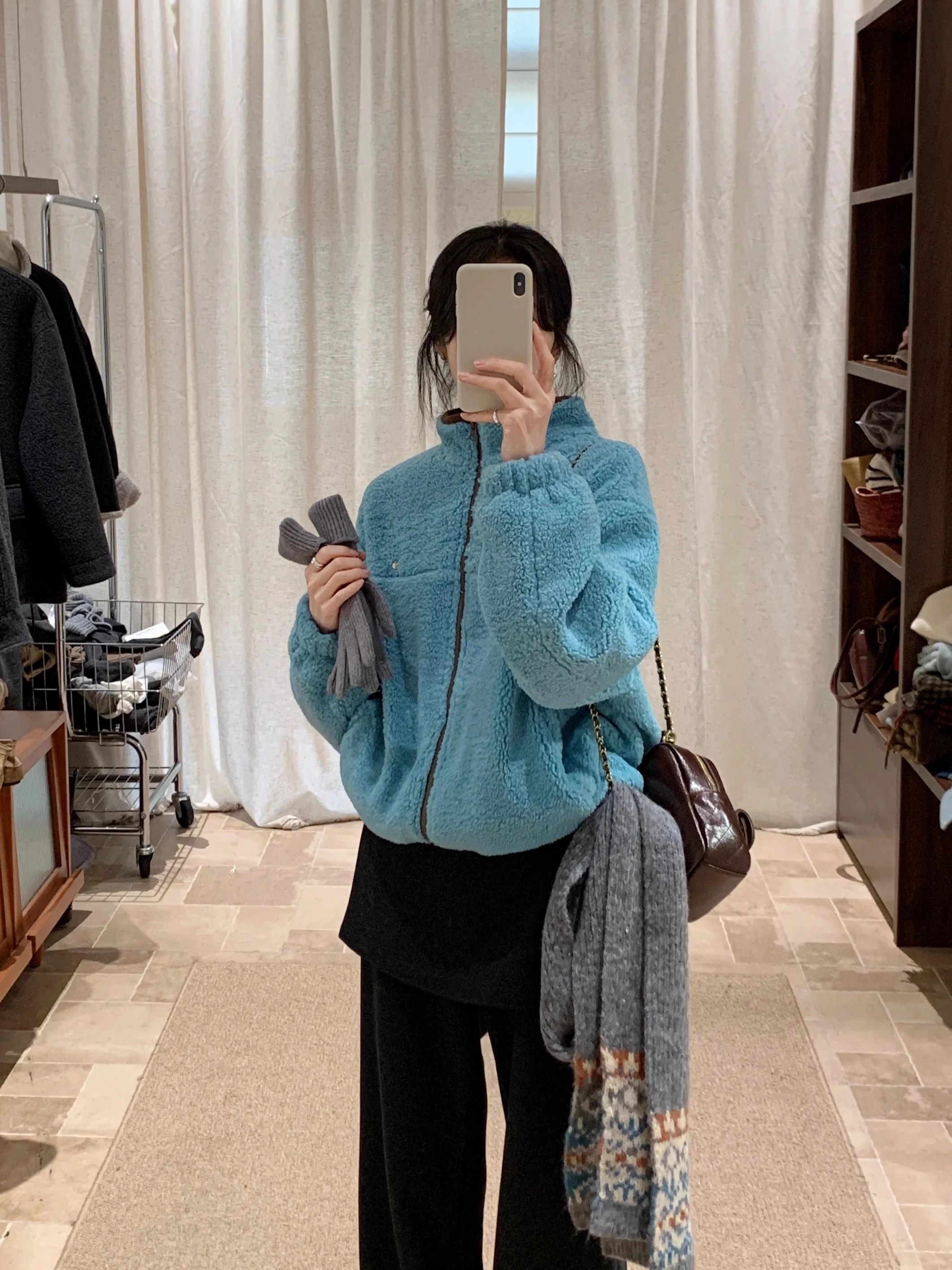 

BRIVIN Korean Sle ort Plu Jaet Women's Lake Blue Retro Design Slimming Top for Autumn Winter New Arrival