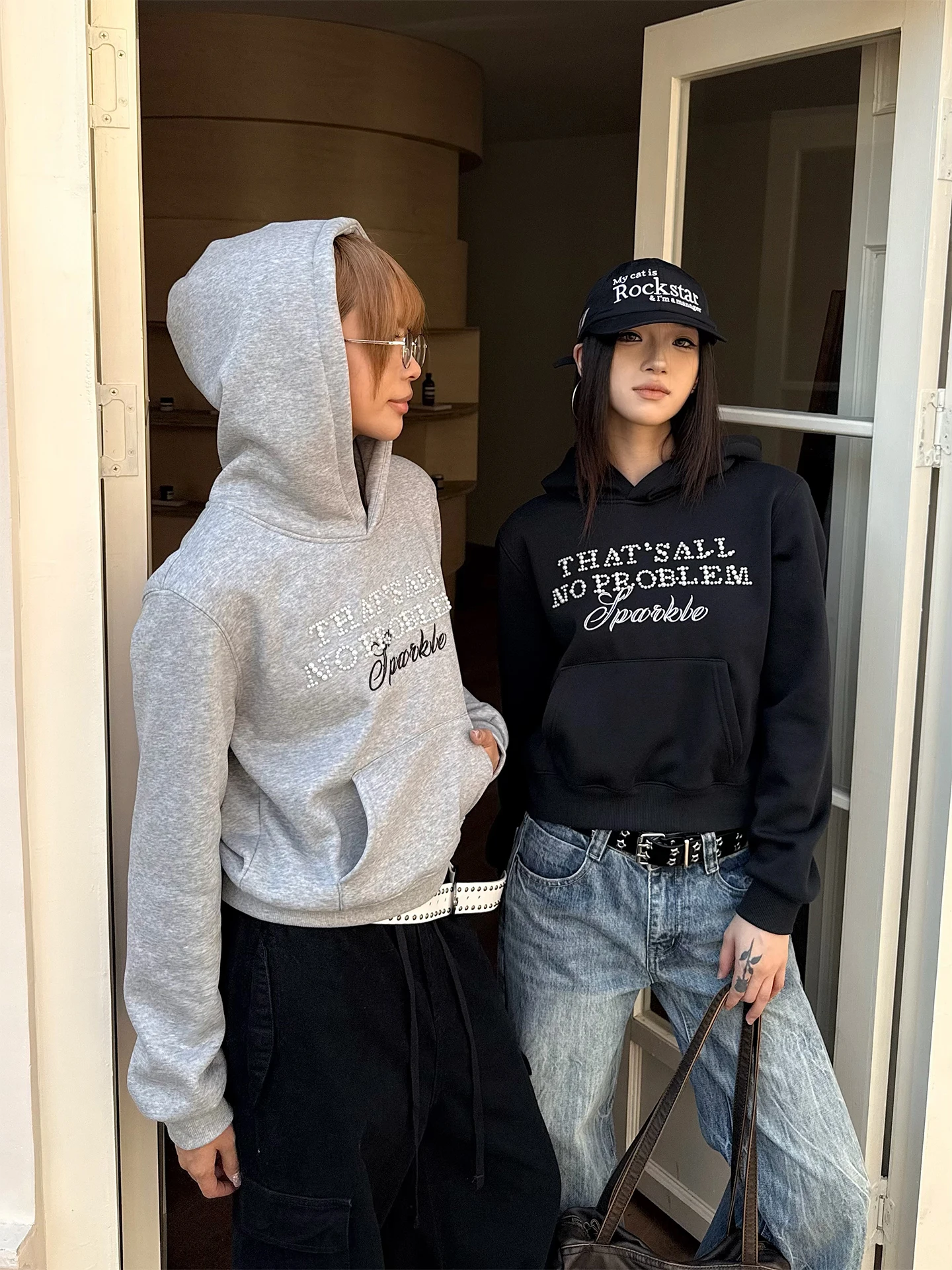 

Don Cry Long Sve ort Casual Sweatirt Glitter Pearl Hat Jaet for Women Trendy Commuter Sle Fce Lined Cotton Poly...