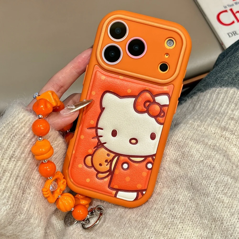 Leather Striped Orange Teddy Bear KT  Is Suitable For Apple Phone Case 17 Pro Max 16 15 Pro 14 13 Phone Case With Accessories view 2