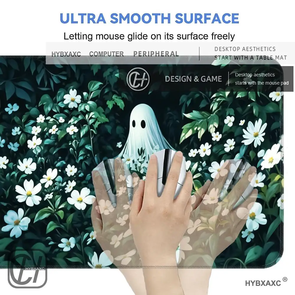 HYBXAXC Cute Ghost in the Garden Mouse Pad Tiny Ghost in a Flower Bed Pad Little Spirit in the Woods Topper Green Floral Decor