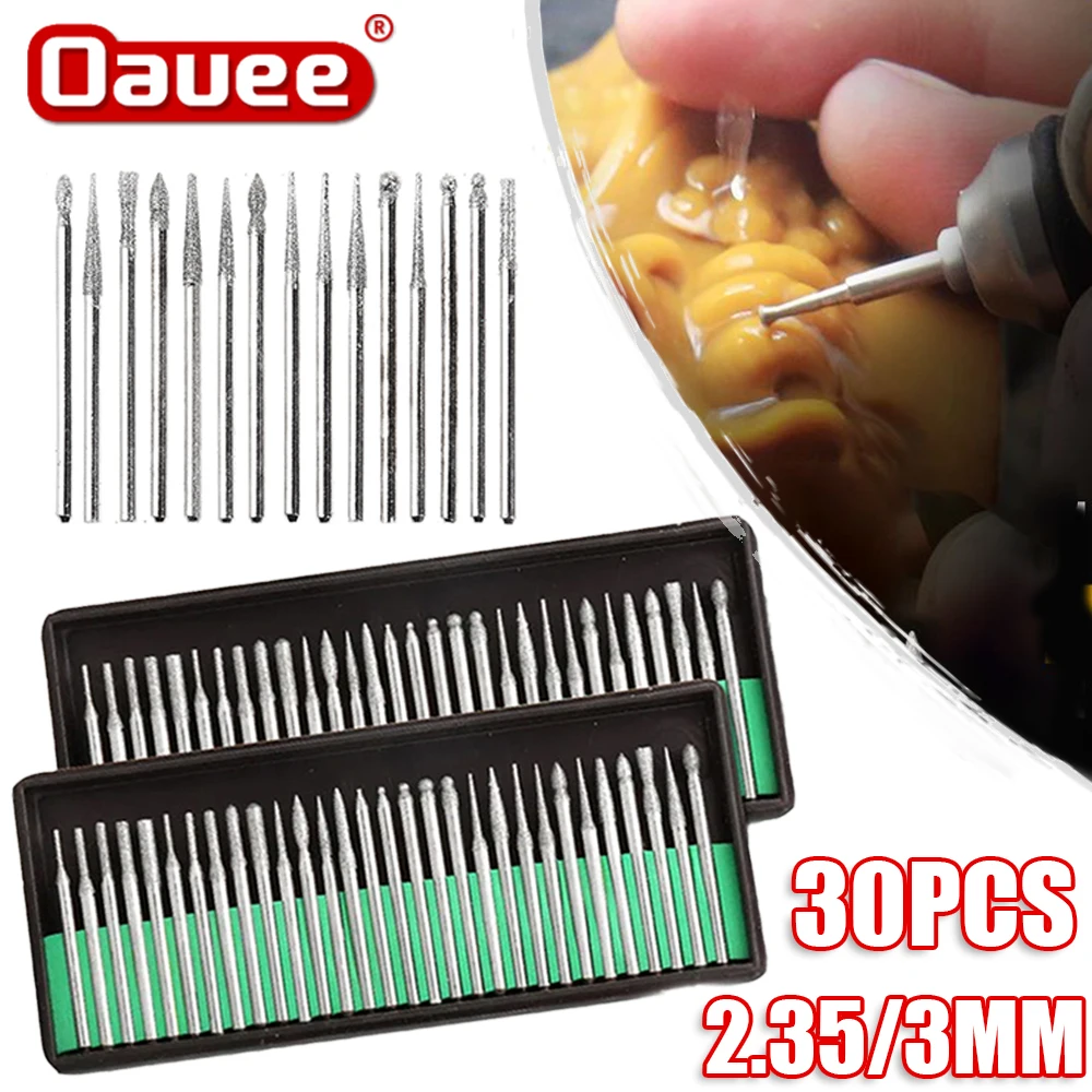 30Pcs Diamond Grinding Burr Needle Point Engraving Carving Polishing For Glass Jade Stone 2.35/3mm Drill Bit Rotary Tool Set