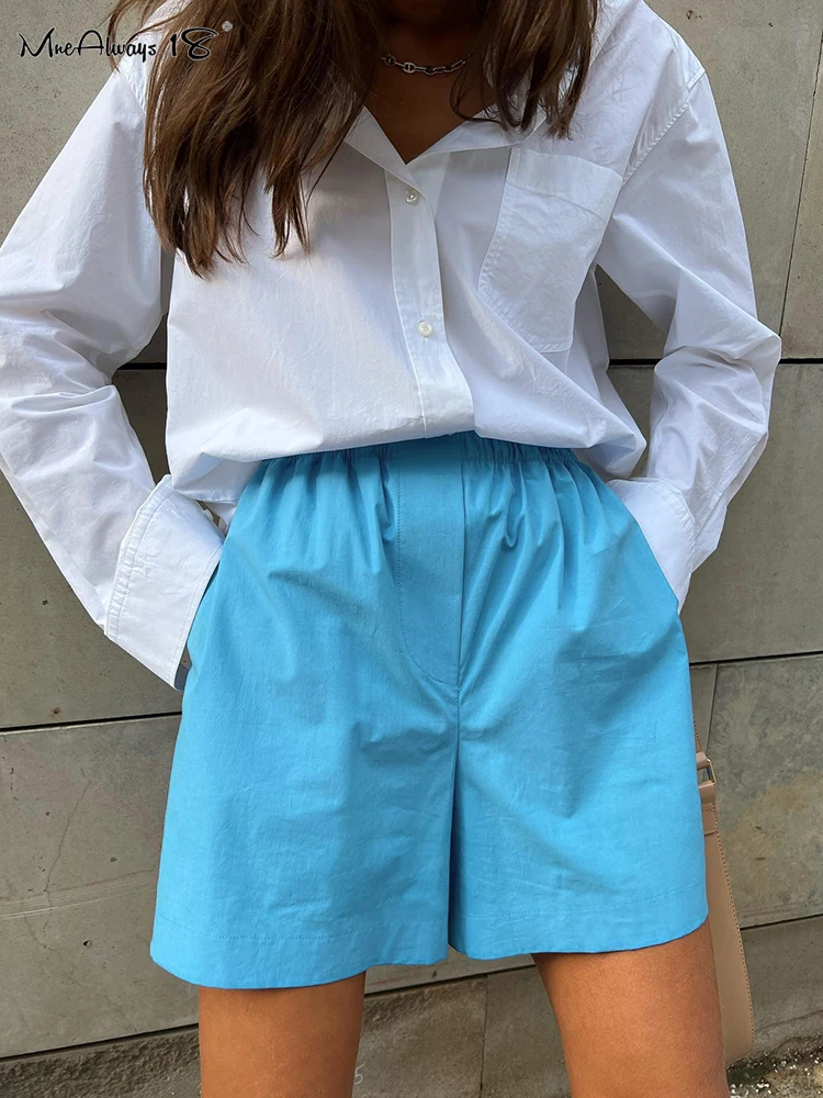 

Mnealways18 Blue Cotton Linen Shorts Women Summer 2024 High Waist Casual Street Hot Pants Ruched Elastic Waist Wide Legs Shorts