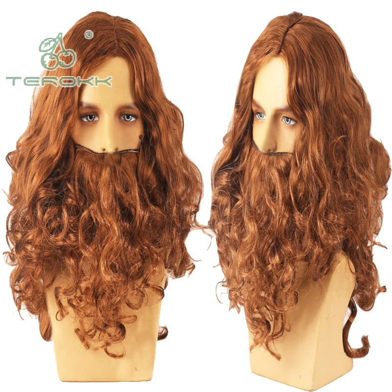 

Halloween Jesus Wig Costume Props Long Curled Wig Funny Brown Wig And Beard Set For Old Man Cosplay Props Brown Wig Headband