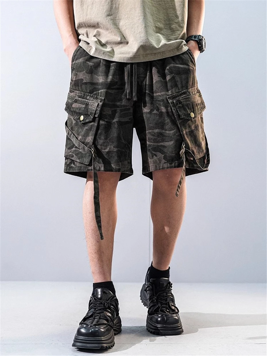 Summer Thin Camouflage Cargo Shorts Mens Streetwear Hip Hop Punk Casual Short Baggy Large Pockets Function Knee Length Pant Male