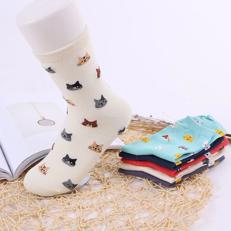 5 Pairs Women Cat Print Mid Tube Socks Fashionable Multi-Color Cartoon Patterns That Soft Comfortable Breathable Casual Socks image 2