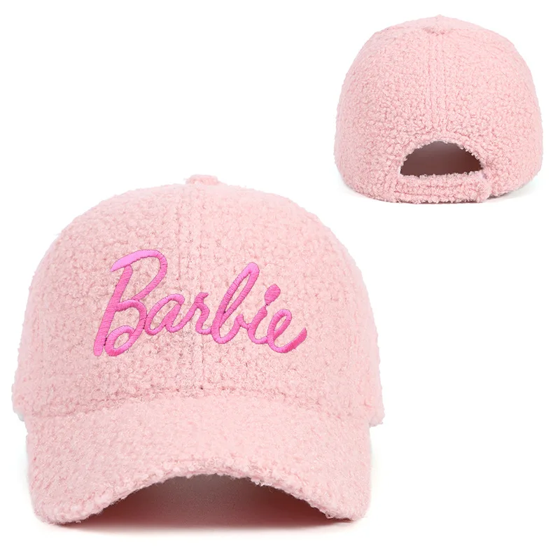 Barbie Letter Hat Fashion Women Autumn Winter Lamb Wool Warm Pink Embroidered Baseball Cap Girls Daily Versatile Visor Hats Gift