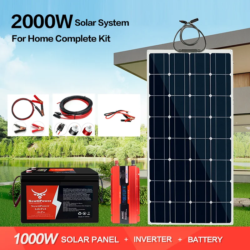 2000W Solar Panel System Kits For Home With 1000W 2000W Solar Panel 100A Charge Controller 220V Inverter 10Ah30Ah LFP Battery