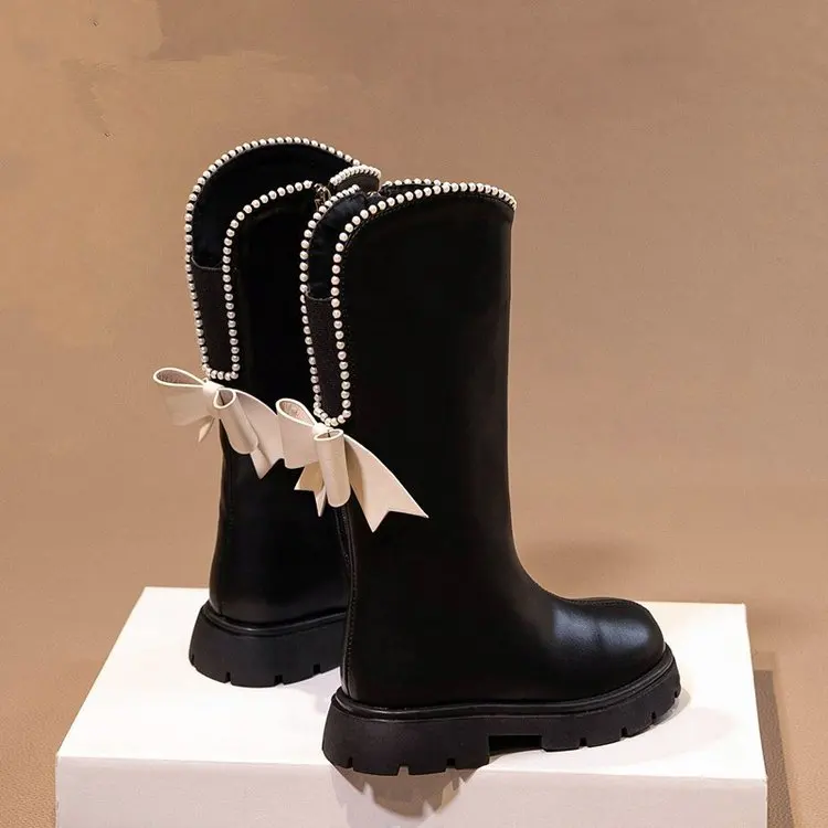 Long Boots for Girls and Children 2024 New Winter Long Leather Boots Princess Foreign Girls Plus Cashmere Shoes