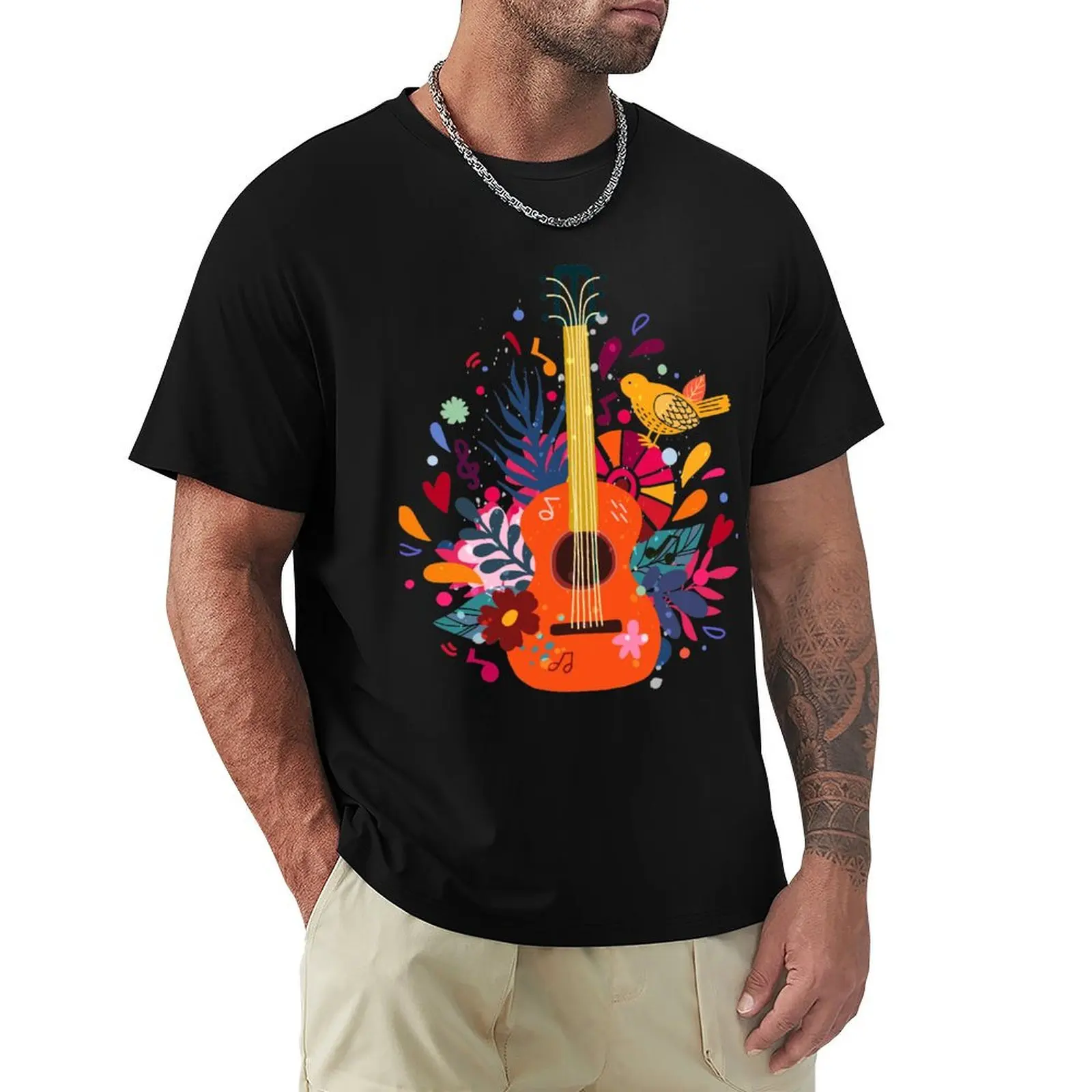 Guitar flat hand drawn vector illustration. Cartoon guitar with flowers and leaves. Rock band performance T-Shirt