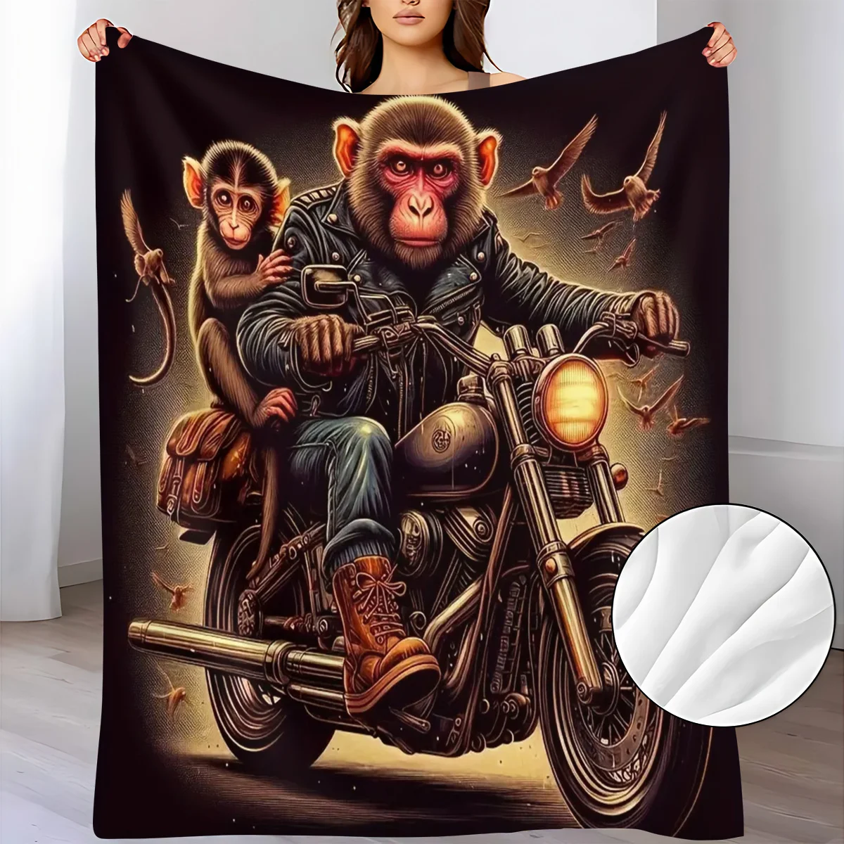 Retro Biker Monkey Blanket Creative Illustration Of Tough Monkey Biker Riding Classic Motorbike Carrying Little Monkey Passenger