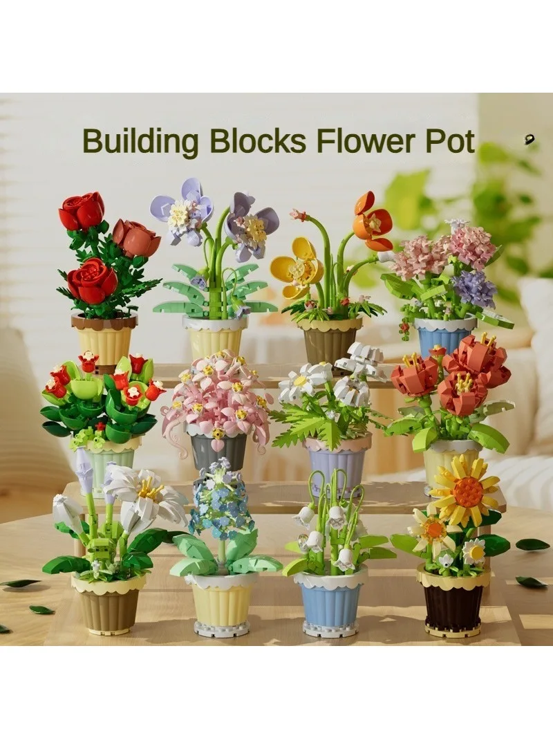 꽃 화분에 심은 식물 장식 빌딩 블록 스몰 사이즈 해바라기 장미 릴리 DIY, 여아용 레고 빌딩 블록 장난감과 호환 가능