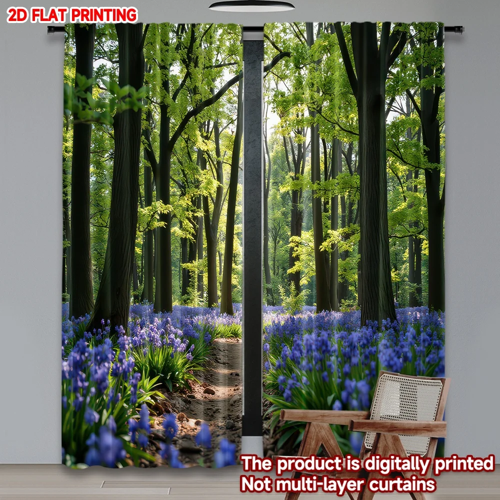 

2D flat printing 2pcs Curtain Forest Path with Bluebells Digital Printed Polyester Drapes Seasonal Party & Holiday Decor for