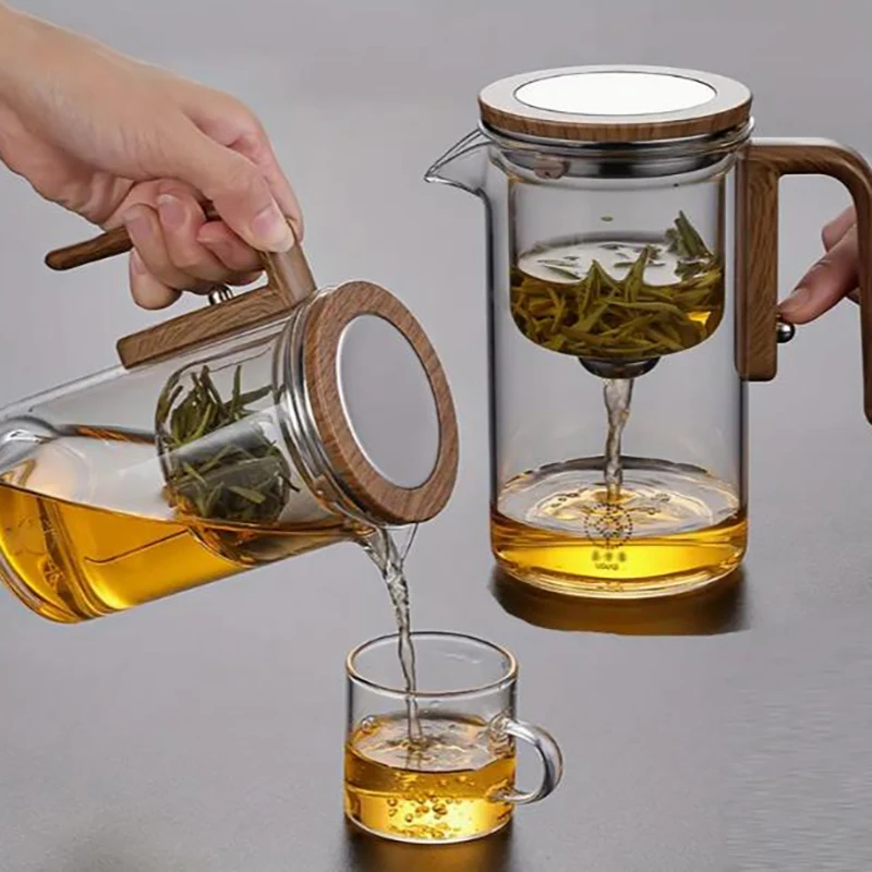 

Water Separation Inner Container Teapot One Click Magnetic Switch Tea Separation Filtration Glass Tea Pot Wood Handle teapot