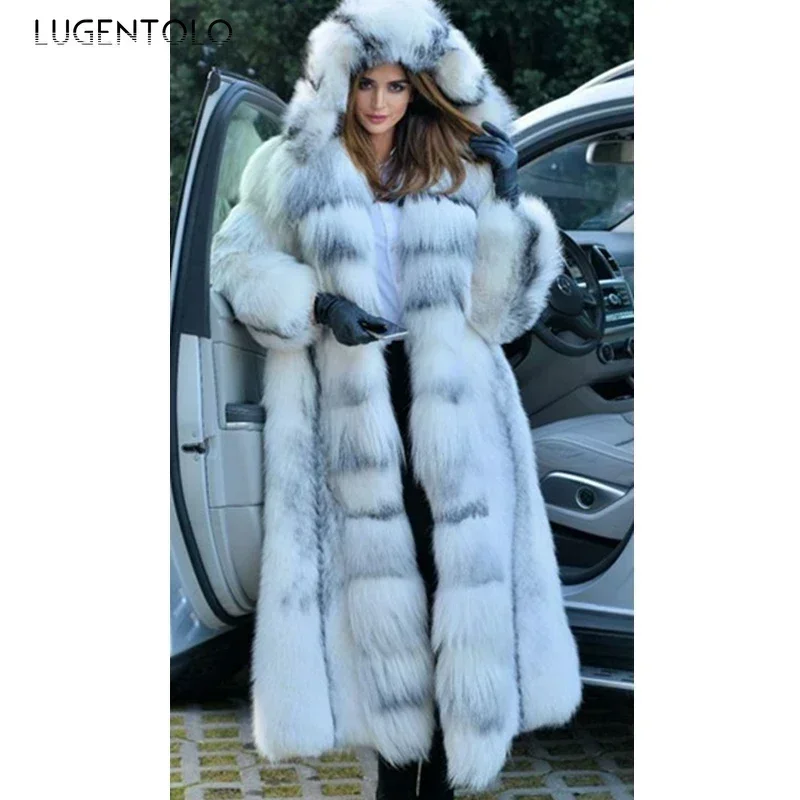 Women Faux Fur Coat Winterf Fashion Warm X-Long Large Size Coats Solid Hooded Lady Loose Open Stitch 5XL New 2024 Elegant Cloth