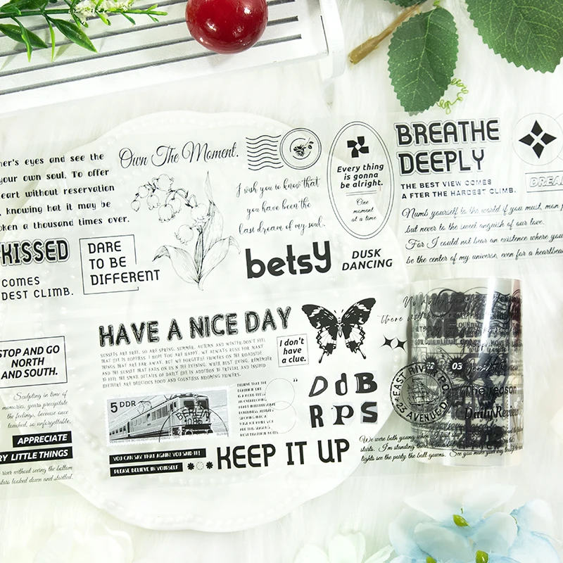 60mm*200cm Vintage English Text Flower Butterfly Landscape PET Tape Creative DIY Journal Material Collage Stationery