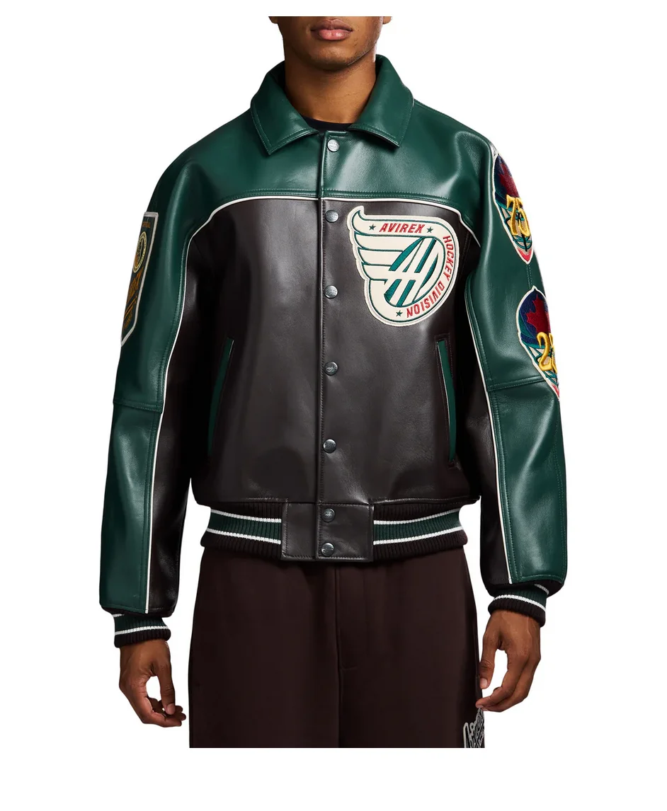 AVIREX 2025 Autumn/Winter New Arrivals Hockey logo embroidered leather jacket for men fashionable casual imported lambskin top