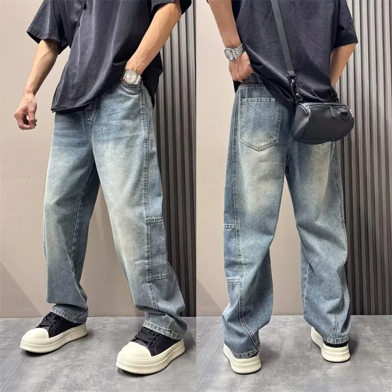 2025 New Korean Jeans Blue Washed Gradient Trendy Loose Straight Leg Made Old Straight Leg Pants