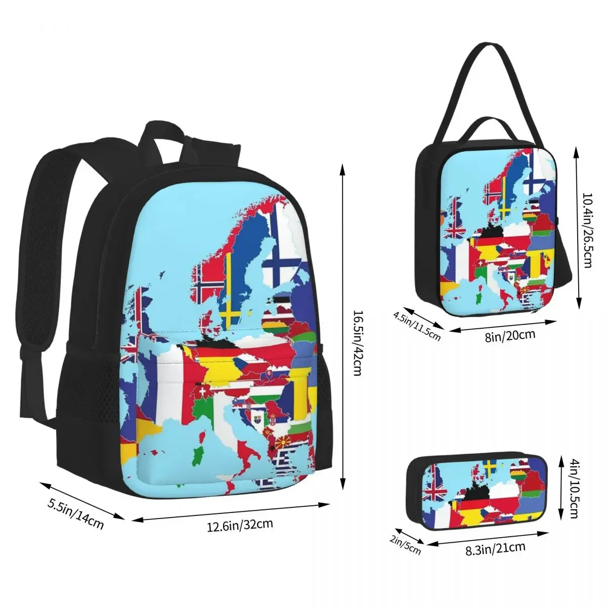 Europe Map Flags Backpacks Boys Girls Bookbag Students School Bags Cartoon Kids Rucksack Lunch Bag Pen Bag Three-Piece Set